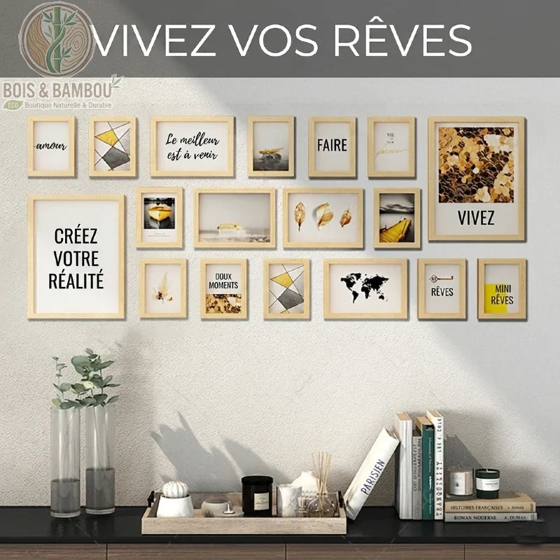 Ensemble de Cadres en Bois, une composition murale de dix-huit cadres en bois clair de différents formats, entourant des messages inspirants .