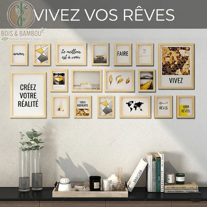 Ensemble de Cadres en Bois, une composition murale de dix-huit cadres en bois clair de différents formats, entourant des messages inspirants .