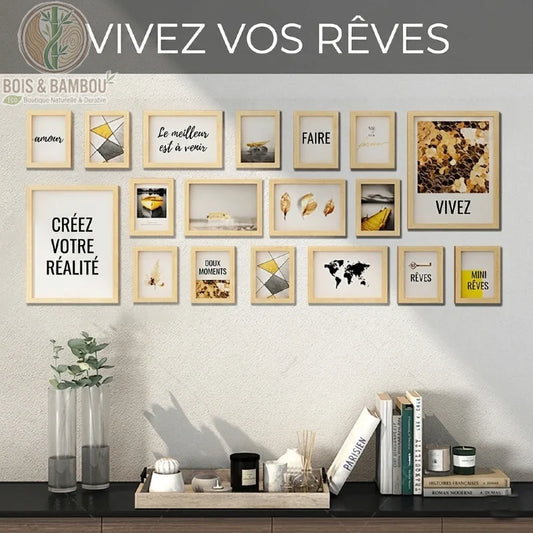 Ensemble de Cadres en Bois, une composition murale de dix-huit cadres en bois clair de différents formats, entourant des messages inspirants .