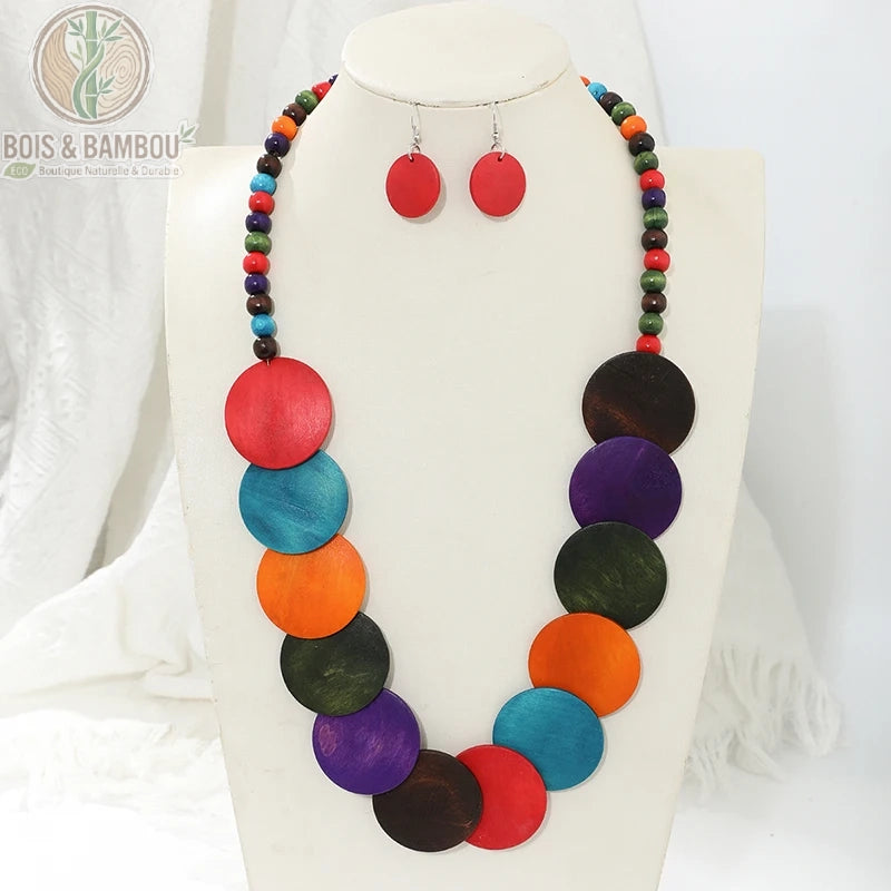ensemble collier grands disques bois multicolore rouge orange turquoise violet boucles oreilles rondes