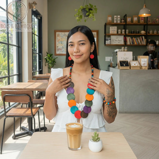 Ensemble de collier et boucles d'oreilles en bois coloré porté par une femme dans un café, avec un style bohème et artisanal.