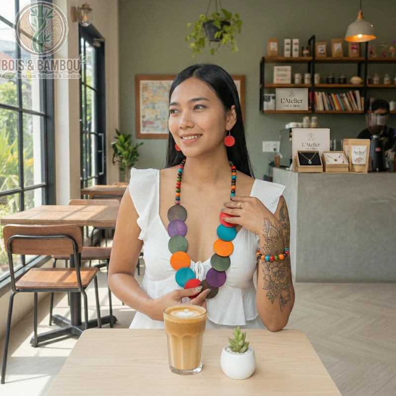Ensemble de collier et boucles d'oreilles en bois