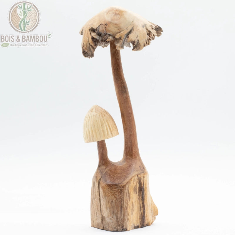 Sculpture champignon bois duo sur fond blanc