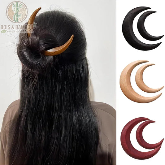 épingle cheveux croissant lune bois 6 variantes noir naturel rouge bordeaux petit grand portée dans chignon