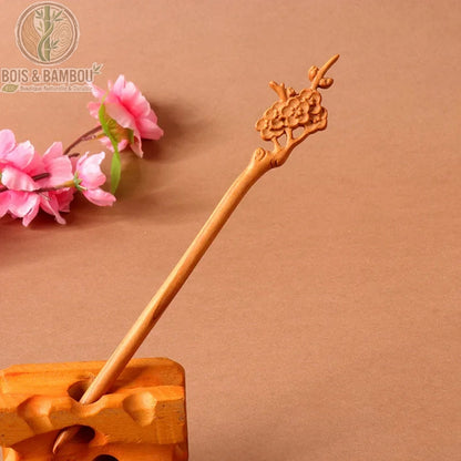 épingle cheveux bois de pêcher sculpté motif fleur de pêcher branche naturelle bois beige