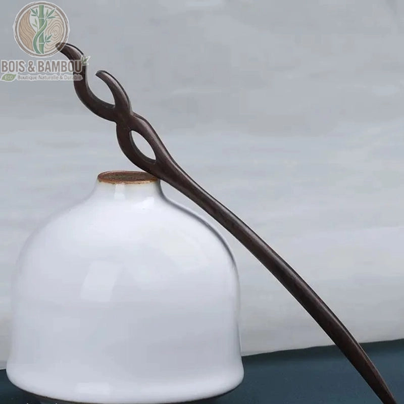 épingle à cheveux bois de santal tête fourche nœud double branche marron