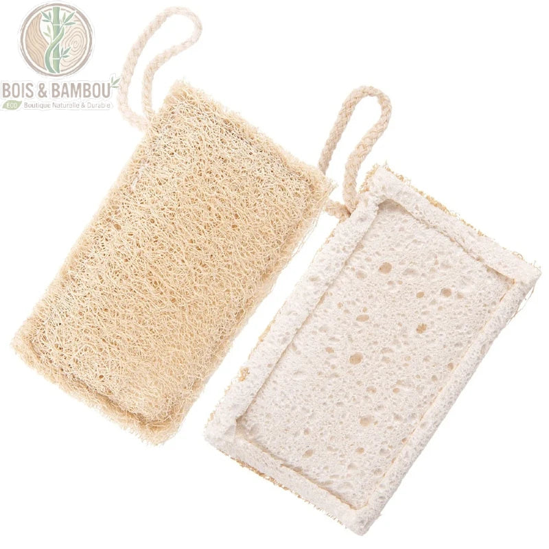 Éponges de Cuisine Naturelles Eko Lot 2 Éponges Cellulose et Luffa Bio – vue à plat des 2 éponges, face cellulose beige et face luffa naturel, 100% biodégradables zéro déchet.