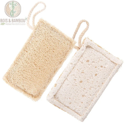 Éponges de Cuisine Naturelles Eko Lot 2 Éponges Cellulose et Luffa Bio – vue à plat des 2 éponges, face cellulose beige et face luffa naturel, 100% biodégradables zéro déchet.