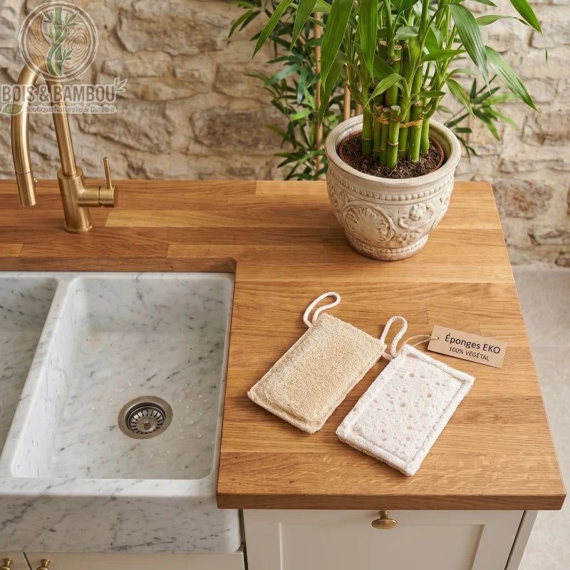 Éponges de Cuisine Naturelles Eko Lot 2 Éponges Cellulose et Luffa Bio – lot de 2 éponges naturelles posées sur plan de travail bois, ambiance cuisine zen avec plante bambou.