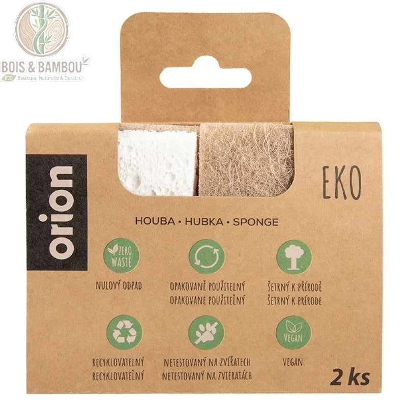 Éponges en Cellulose et Sisal Naturel Lot 2 Éponges Bio Zéro Déchet – packaging carton recyclable Eko contenant 2 éponges naturelles, accessoire zéro déchet écoresponsable.