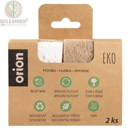 Éponges en Cellulose et Sisal Naturel Lot 2 Éponges Bio Zéro Déchet – packaging carton recyclable Eko contenant 2 éponges naturelles, accessoire zéro déchet écoresponsable.
