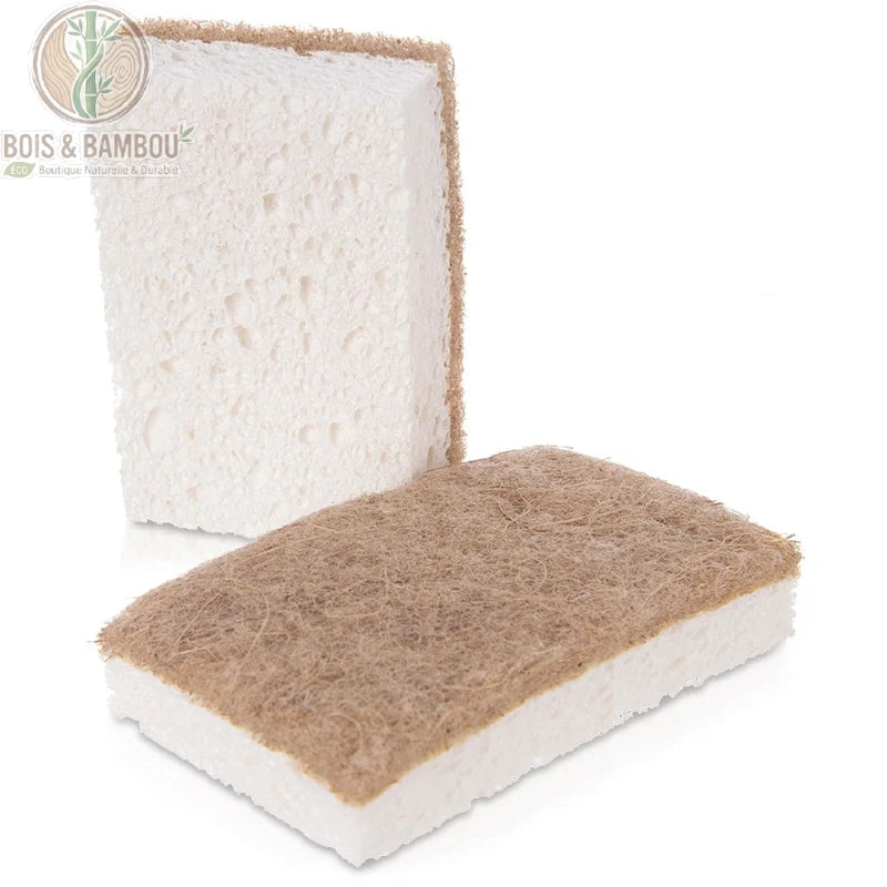 Éponges en Cellulose et Sisal Naturel Lot 2 Éponges Bio Zéro Déchet – vue à plat des 2 éponges double face, cellulose douce et sisal grattant, 100% biodégradables non rayantes.