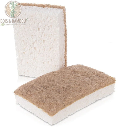 Éponges en Cellulose et Sisal Naturel Lot 2 Éponges Bio Zéro Déchet – vue à plat des 2 éponges double face, cellulose douce et sisal grattant, 100% biodégradables non rayantes.