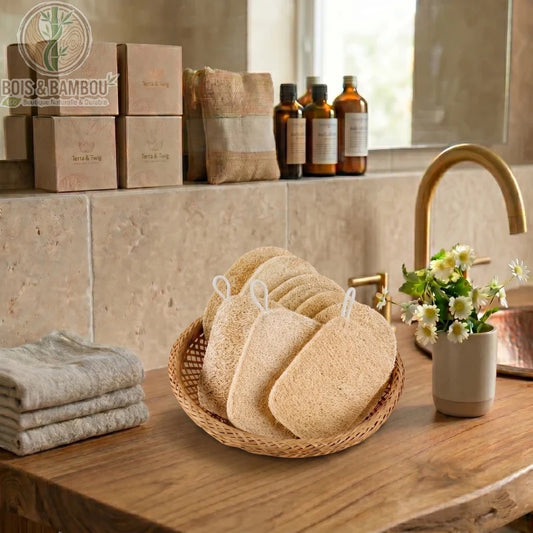 Éponges exfoliantes en luffa et bambou