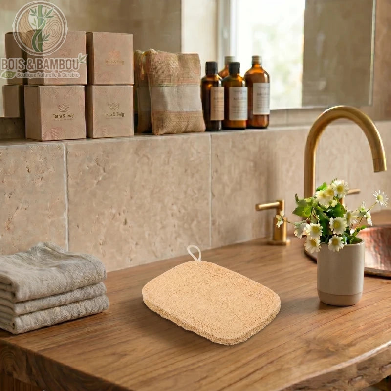 Éponges exfoliantes en luffa et bambou. Deux types d'éponges naturelles sur un meuble en bois, avec serviettes et décor de salle de bain zen. Idéal pour un gommage du corps écologique.