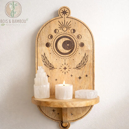 Étagère murale bois en arche sculptée avec motif phases de lune, vue de face