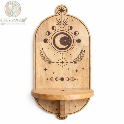 Panneau gravé et tablette demi-lune de l'étagère murale en bois de manguier