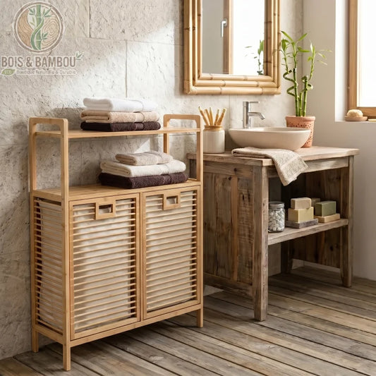 Etagere a Panier Inclinable en Bambou situation. Meuble de salle de bain zen avec étagères de rangement et paniers à linge intégrés, créant une atmosphère naturelle et organisée.