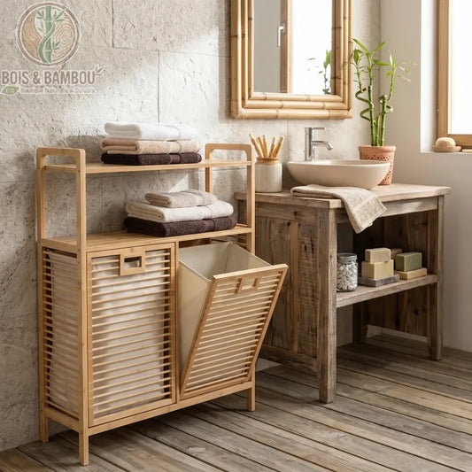 Étagère à Panier Inclinable en Bambou avec deux compartiments à linge et des tablettes pour serviettes. Design naturel et fonctionnel dans une salle de bain rustique et lumineuse.