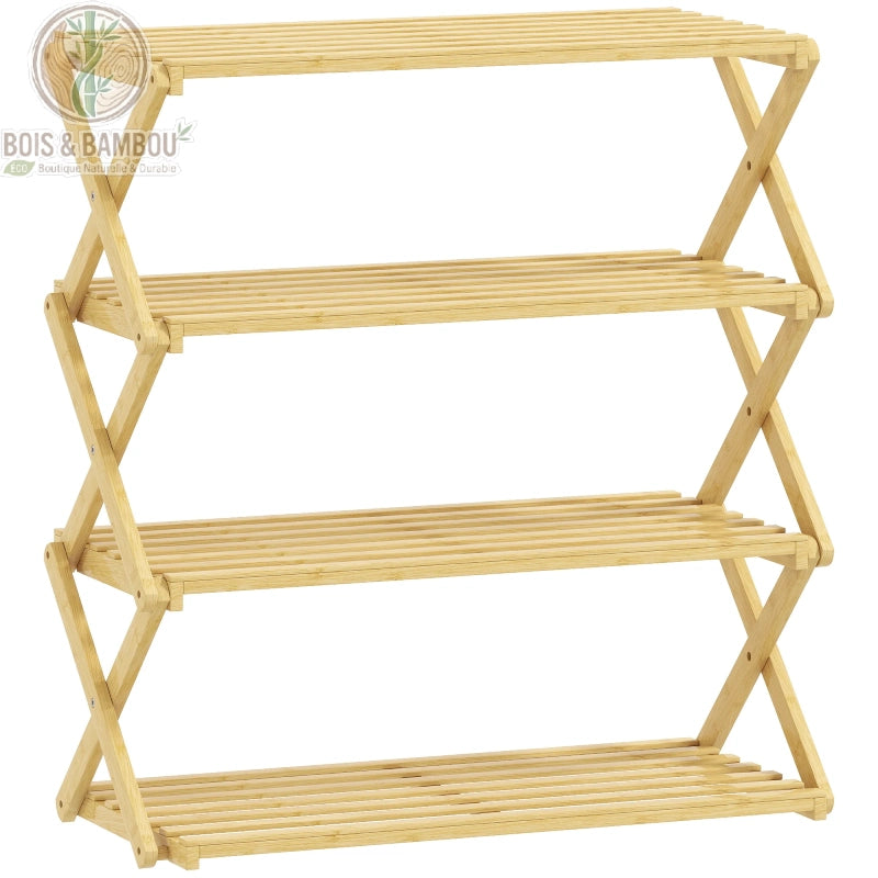 Etagere a chaussures en bambou a 4 niveaux descriptif. Étagère pliable en bambou naturel à 4 niveaux avec structure latérale en X et plateaux à lattes, idéale pour un rangement léger et aéré.