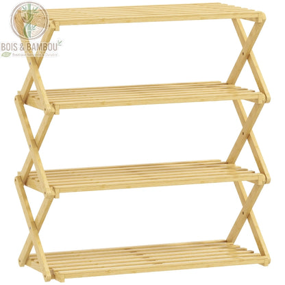 Etagere a chaussures en bambou a 4 niveaux descriptif. Étagère pliable en bambou naturel à 4 niveaux avec structure latérale en X et plateaux à lattes, idéale pour un rangement léger et aéré.