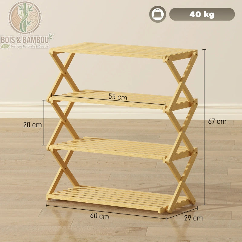 Etagere a chaussures en bambou a 4 niveaux dimensions. Infographie montrant une hauteur de 67 cm, une largeur de 60 cm et une profondeur de 29 cm, avec une capacité de charge maximale de 40 kg.
