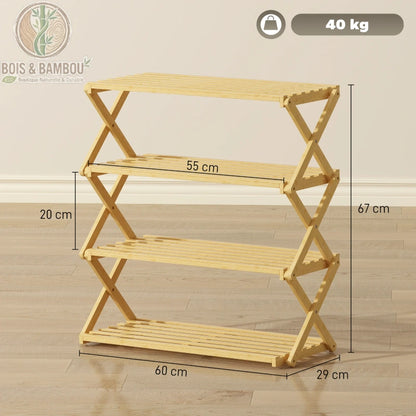 Etagere a chaussures en bambou a 4 niveaux dimensions. Infographie montrant une hauteur de 67 cm, une largeur de 60 cm et une profondeur de 29 cm, avec une capacité de charge maximale de 40 kg.