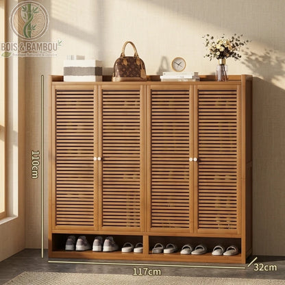 Etagere a chaussures en bambou au design japonais 110 117 32 B avec quatre portes à lattes et espace de rangement inférieur.