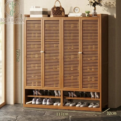 Etagere a chaussures en bambou au design japonais 139 117 32 avec quatre portes à lattes et deux étagères inférieures.