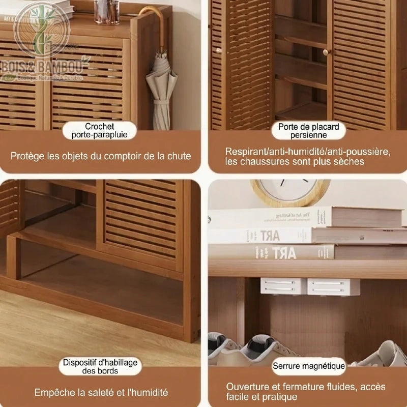 Etagere a chaussures en bambou au design japonais descriptif illustrant ses détails : crochet pour parapluie, portes persiennes, protection des bords et serrure magnétique.