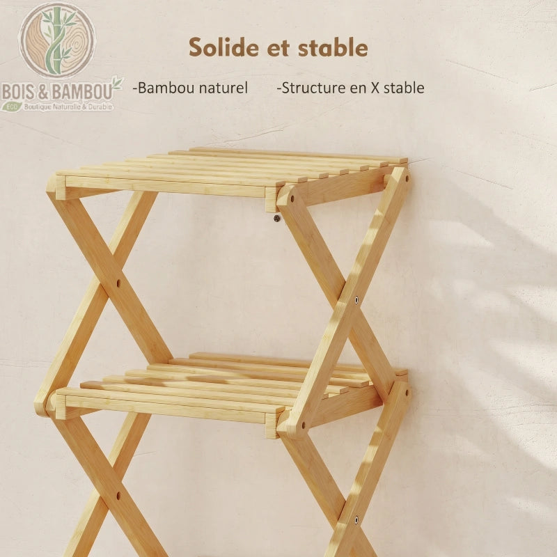 Etagere a chaussures en bambou pliable 108 cm descriptif 2. Infographie soulignant la solidité et la stabilité du meuble grâce à sa structure en X stable et sa conception en bambou naturel.