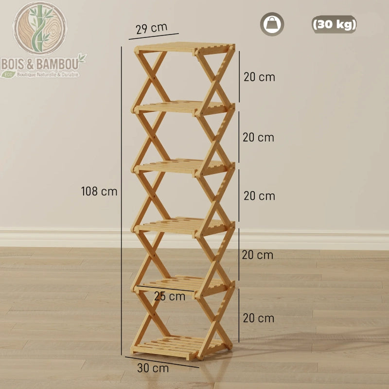 Etagere a chaussures en bambou pliable 108 cm dimensions. Infographie affichant une hauteur de 108 cm, une largeur de 30 cm et une profondeur de 29 cm, avec une capacité de charge de 30 kg.