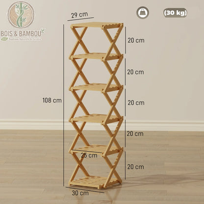 Etagere a chaussures en bambou pliable 108 cm dimensions. Infographie affichant une hauteur de 108 cm, une largeur de 30 cm et une profondeur de 29 cm, avec une capacité de charge de 30 kg.
