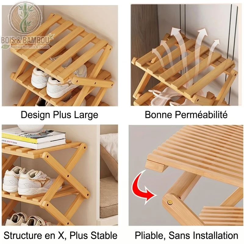Etagere a chaussures en bambou pliable descriptif 1. Infographie montrant un design large, une bonne perméabilité, une structure en X stable et un système pliable sans installation nécessaire.
