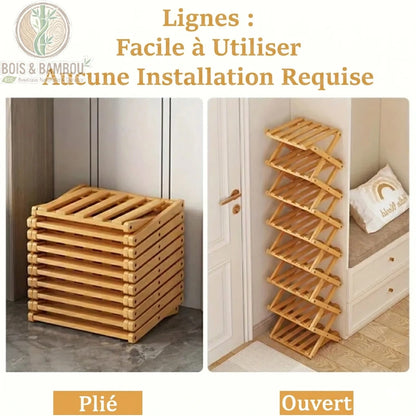 Etagere a chaussures en bambou pliable descriptif 2. Comparatif visuel montrant l'étagère en position pliée compacte et ouverte sur plusieurs niveaux, soulignant qu'aucune installation n'est requise.