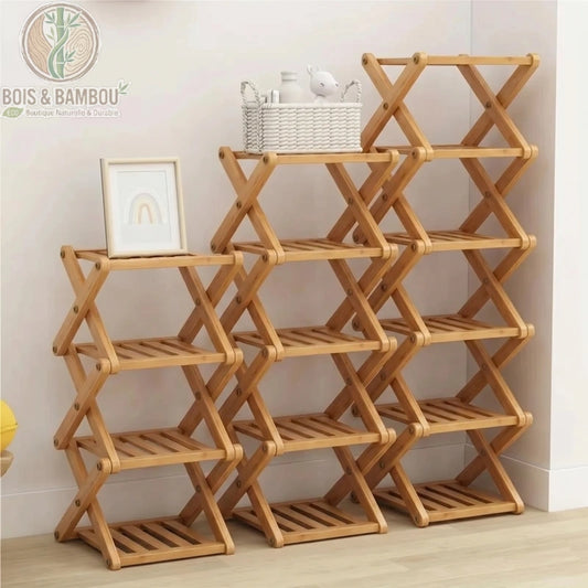 Etagere a chaussures en bambou pliable descriptif 3. Présentation de trois étagères modulables en bambou naturel de différentes hauteurs avec une structure en X, idéales pour un rangement élégant.