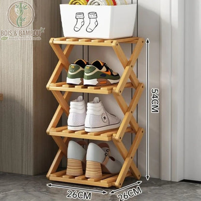 Etagere a chaussures en bambou pliable dimensions. Infographie présentant une hauteur de 54 cm, une largeur de 26 cm et une profondeur de 26 cm pour cette étagère à 4 niveaux compacte et pliable.