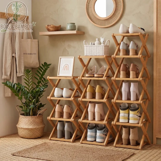 Etagere a chaussures en bambou pliable situation. Trois étagères en bambou au design croisé de hauteurs différentes, organisées avec diverses chaussures dans une entrée à la décoration naturelle.