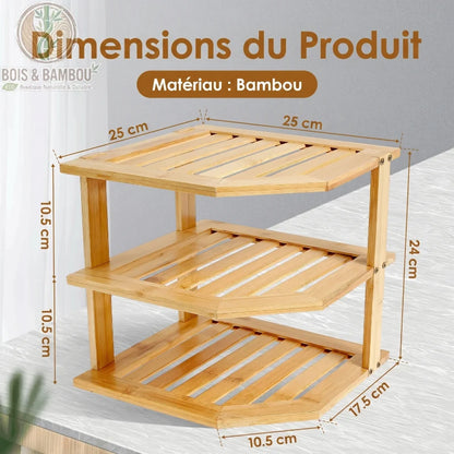 Etagere d angle en bambou a 3 niveaux dimensions. Infographie d'une étagère d'angle en bambou de 29 cm de côté et 50 cm de hauteur, avec des espaces de 18 cm entre chaque plateau.
