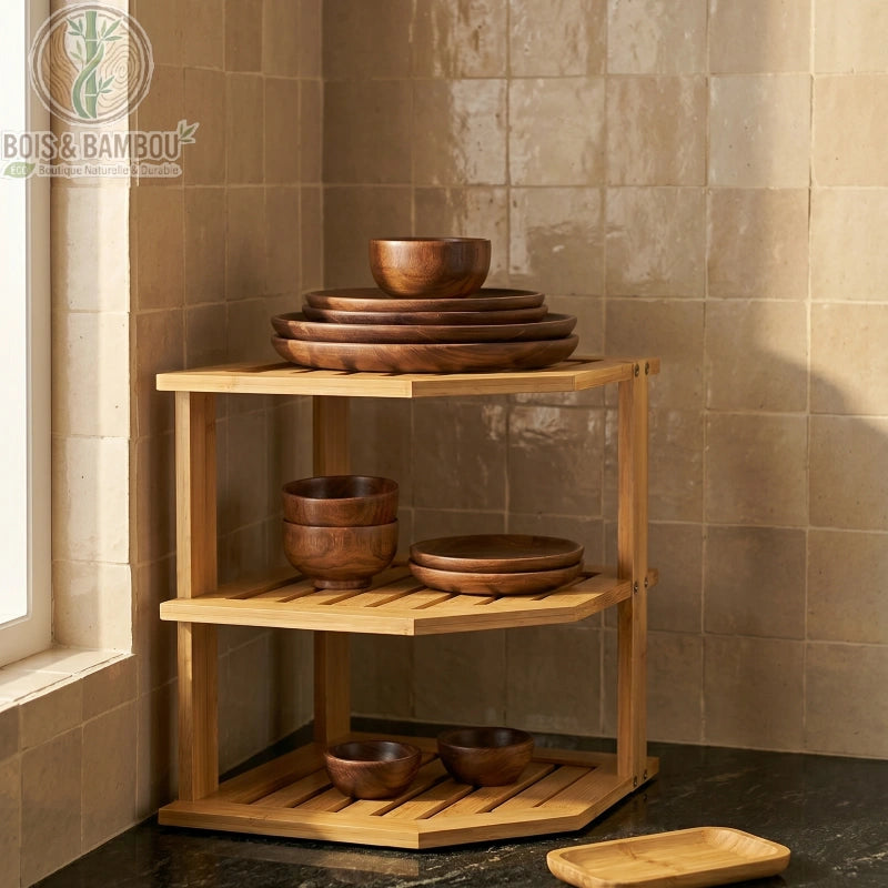 Etagere d angle en bambou a 3 niveaux situation 1. Une étagère d'angle en bambou naturel organisant de la vaisselle en bois sur trois plateaux, installée dans le coin d'une cuisine lumineuse.