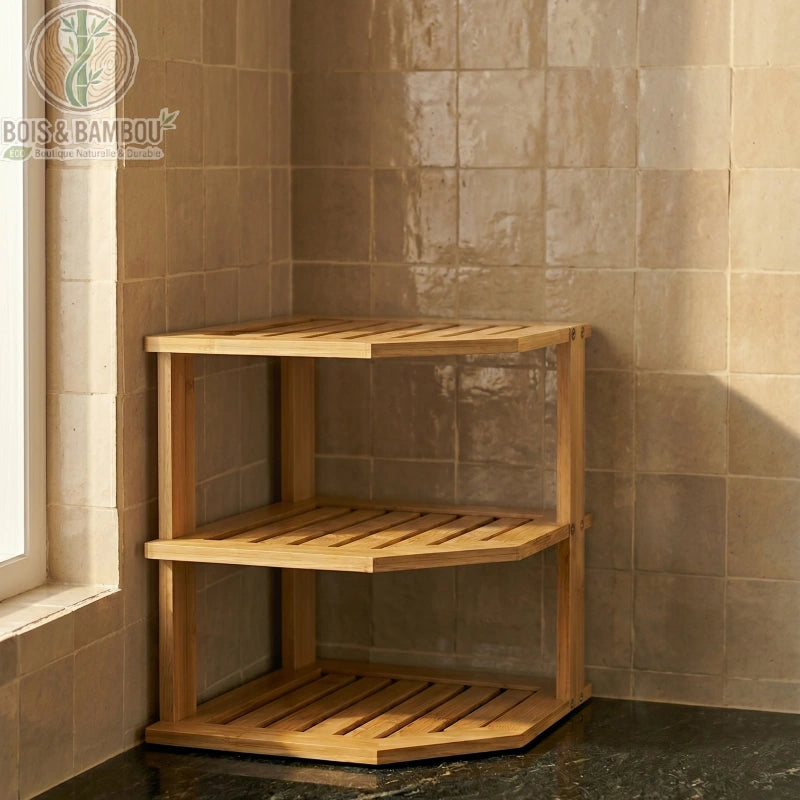 Etagere d angle en bambou a 3 niveaux situation 2. Vue d'une étagère d'angle en bambou vide à trois niveaux, installée sur un plan de travail en marbre noir contre un mur carrelé beige.
