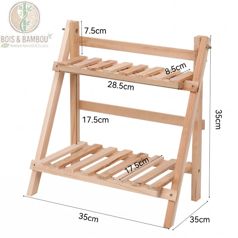 Etagere bambou 2 niveaux pliante 35 cm, infographie dimensions plateaux lattes 28,5 et 17,5 cm de profondeur. Bois et Bambou Eco.
