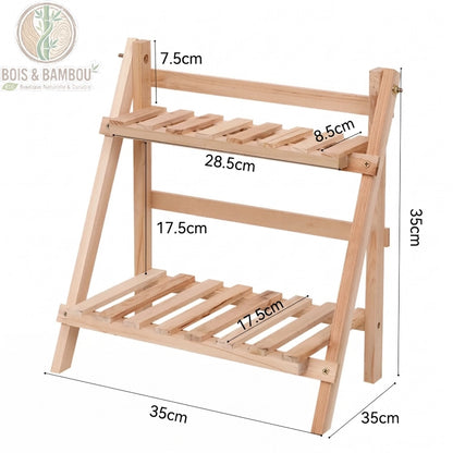 Etagere bambou 2 niveaux pliante 35 cm, infographie dimensions plateaux lattes 28,5 et 17,5 cm de profondeur. Bois et Bambou Eco.