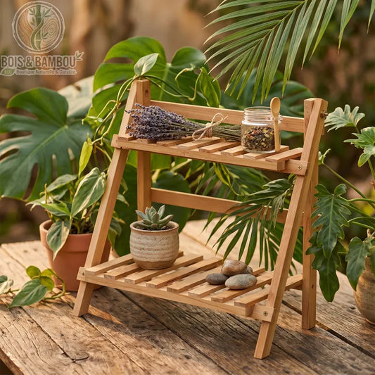 Etagere en bambou a 2 niveaux situation 2. Une étagère pliante en bambou naturel à lattes, ornée de lavande et d'une succulente, posée sur une table en bois rustique dans un jardin tropical.