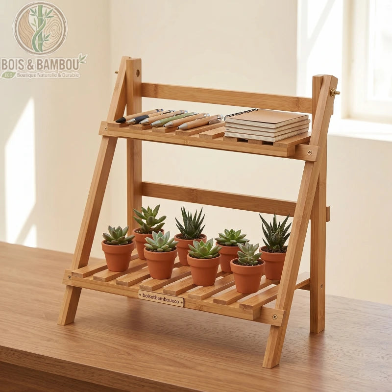 Etagere bambou 2 niveaux pliante en organisateur de bureau, stylos, carnets et mini succulentes en pots. Bois et Bambou Eco.