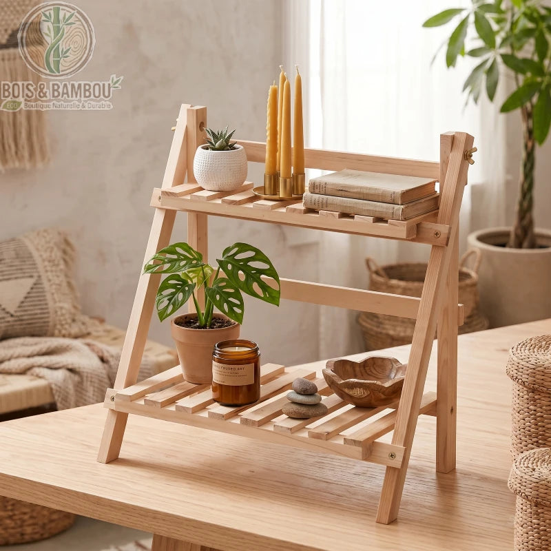 Etagere bambou 2 niveaux pliante en deco interieur boheme, plantes, bougies et livres sur table bois chaleureuse. Bois et Bambou Eco.