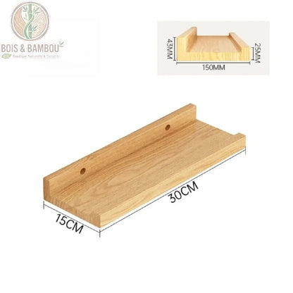 Etagere en bois massif flottante dimensions. Schéma technique d'une étagère murale en bois massif montrant ses mesures : 30x15 cm, avec une hauteur arrière de 43 mm et un rebord avant de 25 mm.
