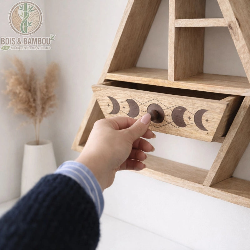 Main ouvrant le tiroir gravé phases de lune d'une étagère murale triangulaire en bois