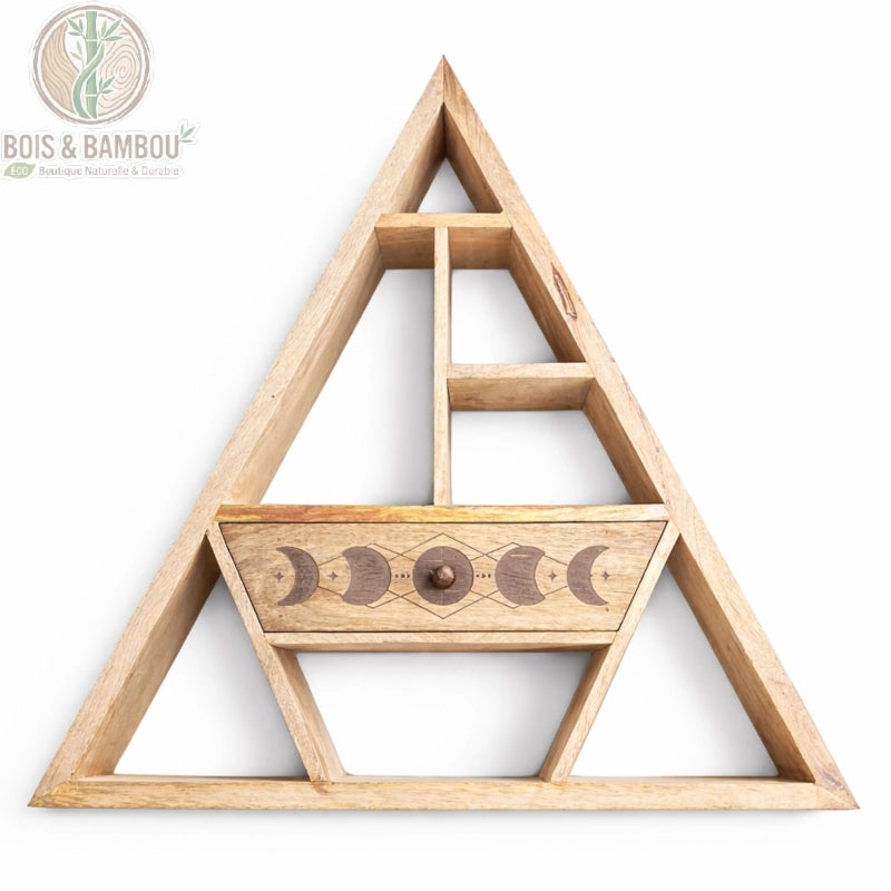 Étagère murale triangulaire en bois avec niches et tiroir, vue de face