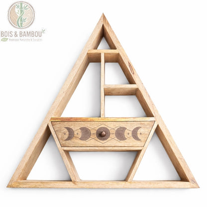 Étagère murale triangulaire en bois avec niches et tiroir, vue de face